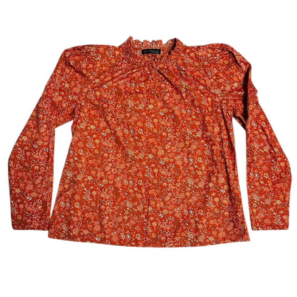 House of Harlow 1960 Floral Ruffle Neck Top Rust 100% Cotton Women's Size M NWOT